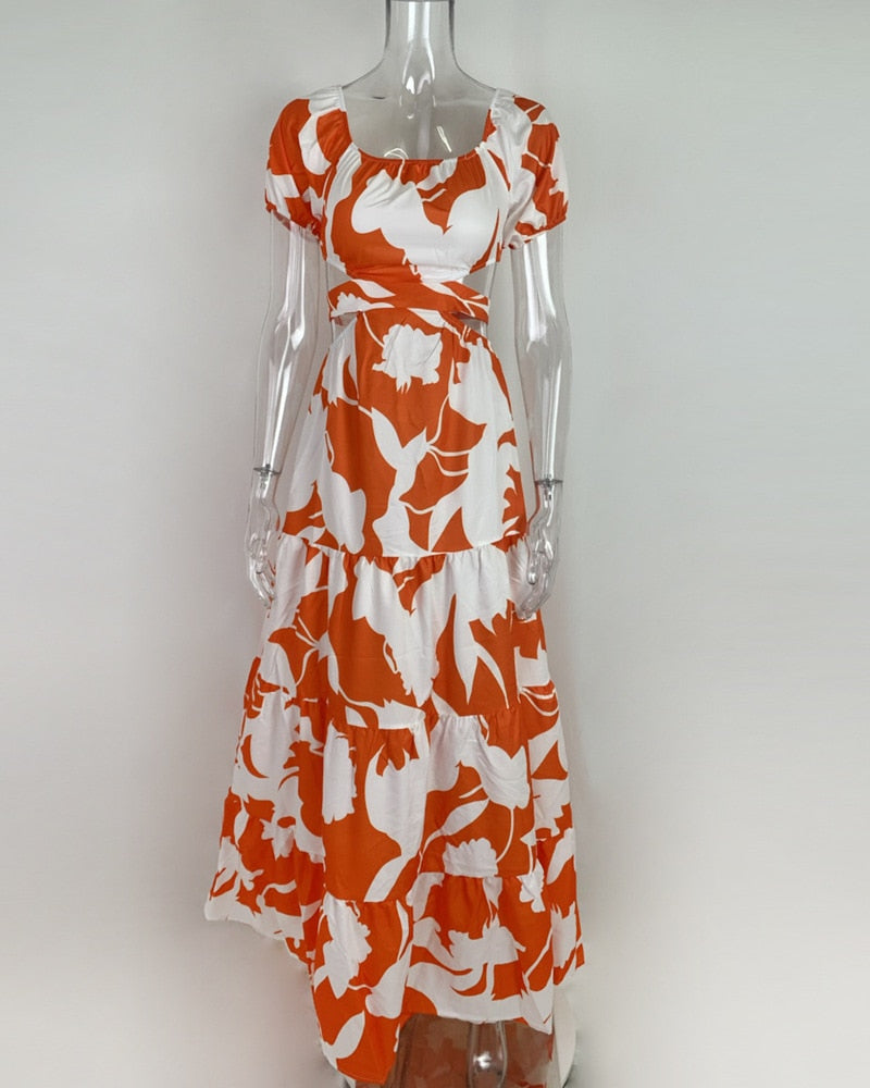 Vestido Feminino Florido Longo laranja