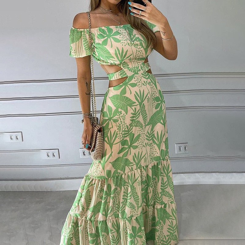 Vestido Feminino Florido Longo verde