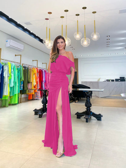 Vestido longo de fenda rosa