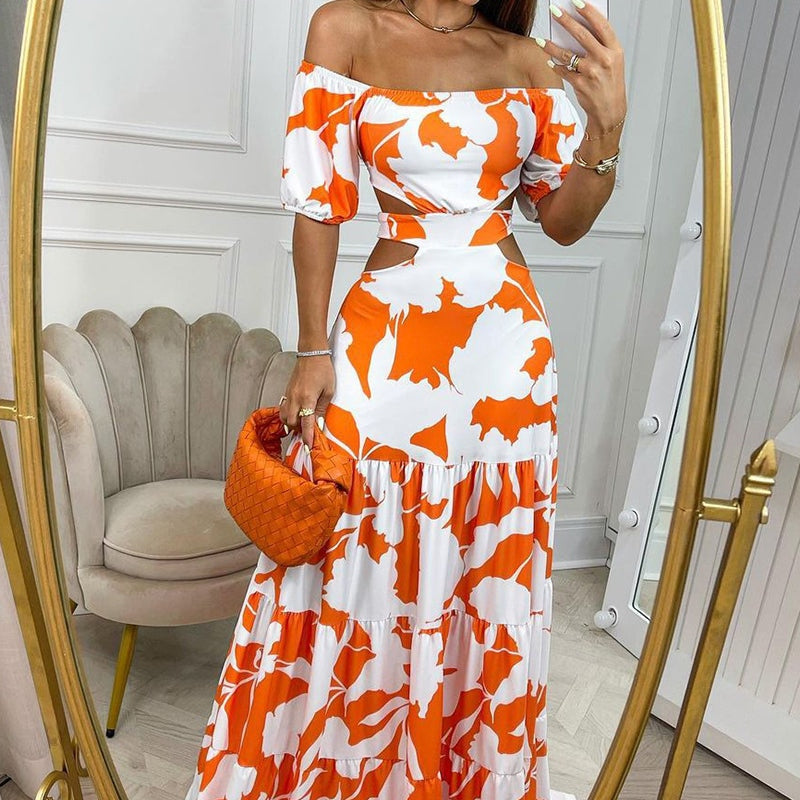 Vestido Feminino Florido Longo laranja